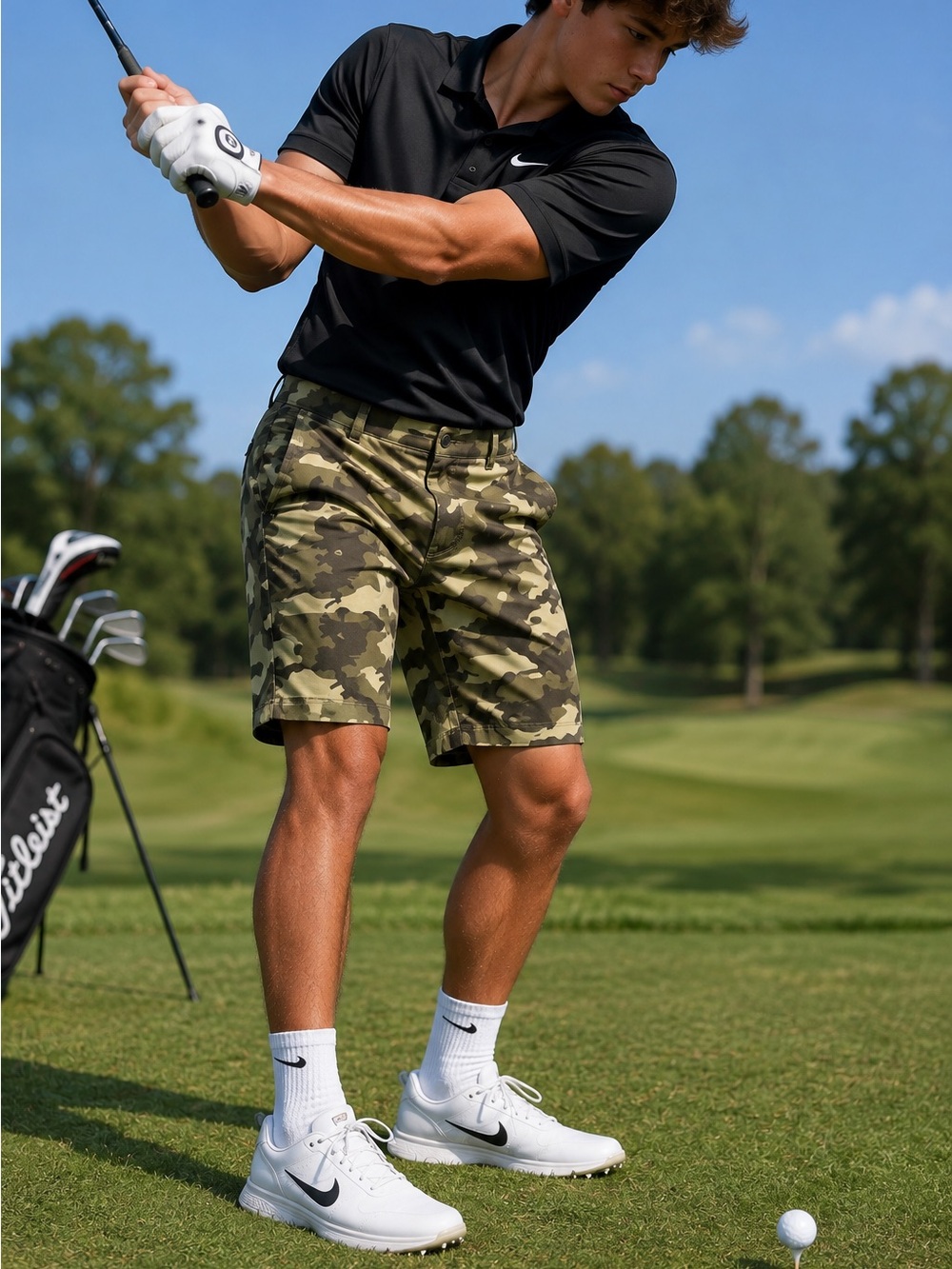 Nike Golf Boys L Camo Cargo Shorts - Olive/Khaki
